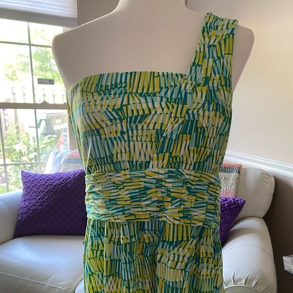 Gianni Bini One Shoulder Dress Yellow Turquoise White Pleated High Waist Sz L - Picture 2 of 6